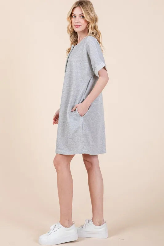 BOMBOM Casual Contrast Trim Henley Dress-1