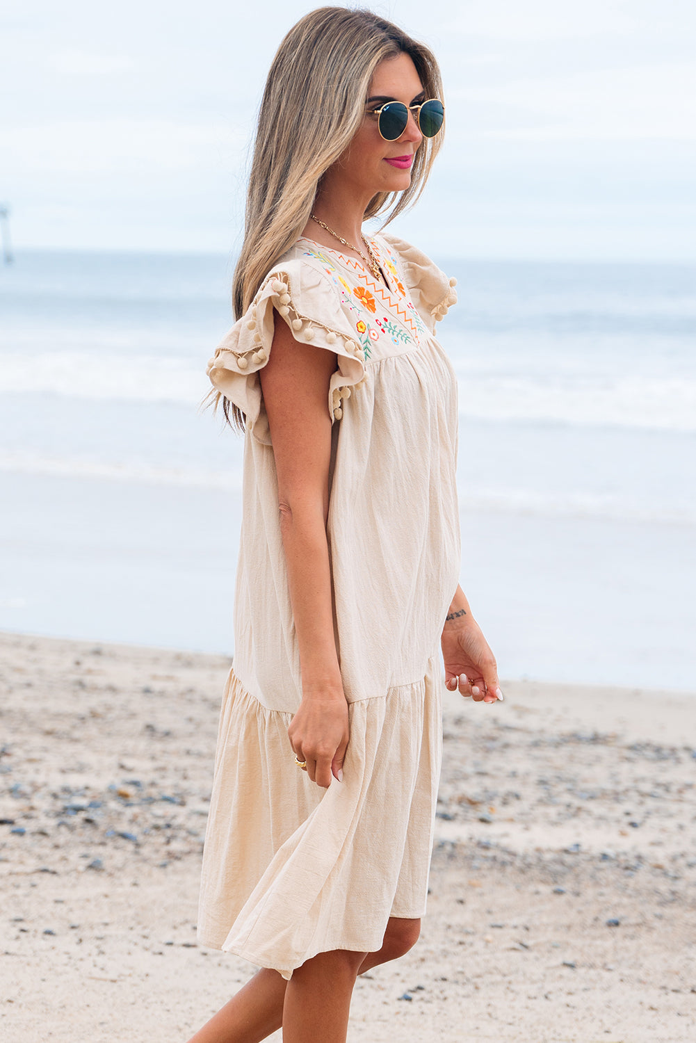 Meredith Embroidery Split Neck Short Dress-3