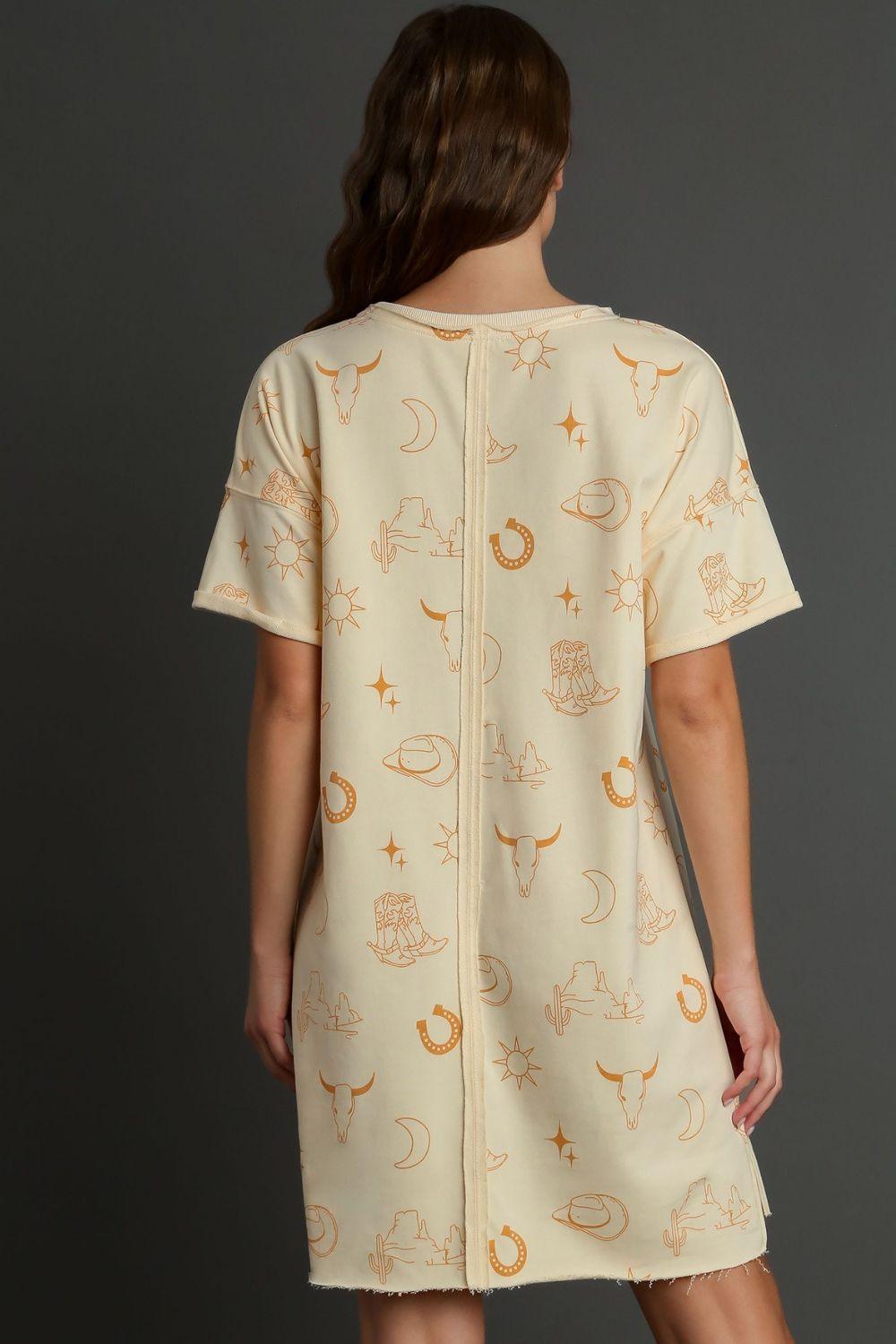 Umgee Full Size French Terry Short Sleeve Round Neck Dress Plus Size-1