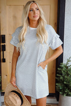 Briana Stripe Ruffled Short Sleeve T Shirt Dress-0