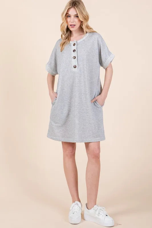 BOMBOM Casual Contrast Trim Henley Dress-0