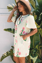 Paloma Floral Short Sleeve Split Neck Loose Mini Dress-3