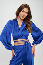 Silky Satin Wrap Crop Top with Tie-0