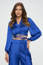 Silky Satin Wrap Crop Top with Tie-1