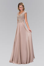 V-Neck Chiffon Floor Length Dress with Jewel Embellished Bodice-3