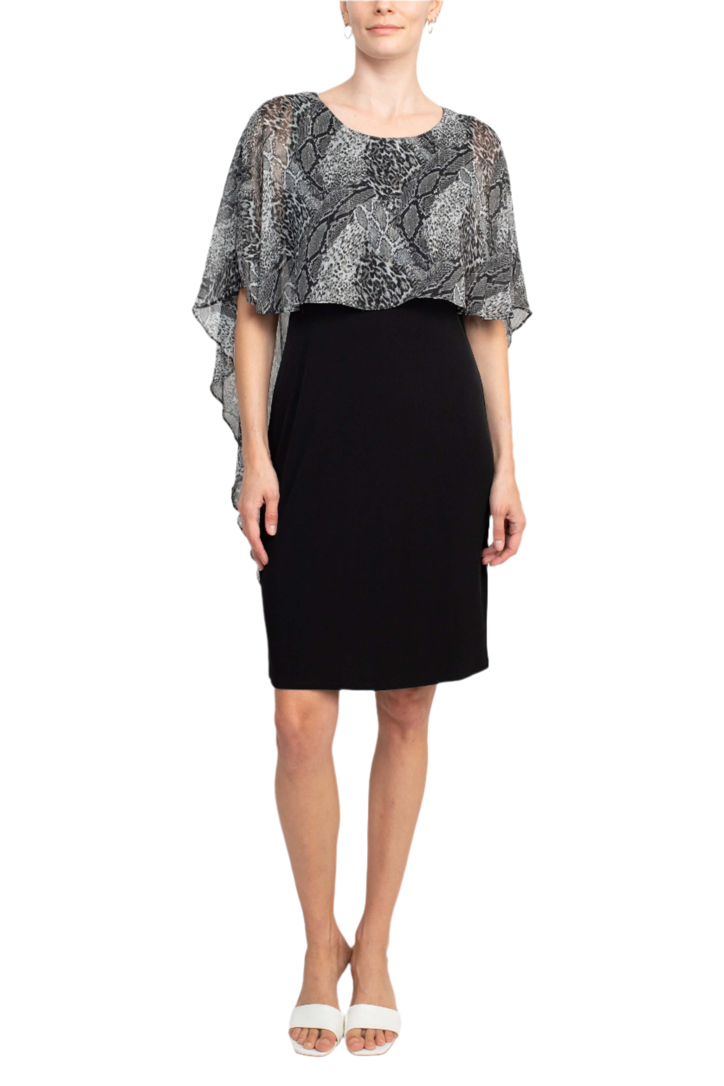 Glamour Nights Scoop Neck Animal Print Chiffon Cape Short Sleeve ITY Dress-0