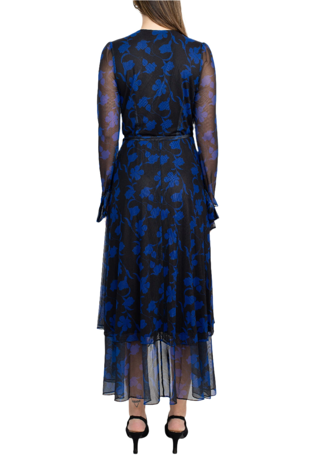 Laundry Surplice V-Neck Back Zipper Midi Draped Mesh Dress