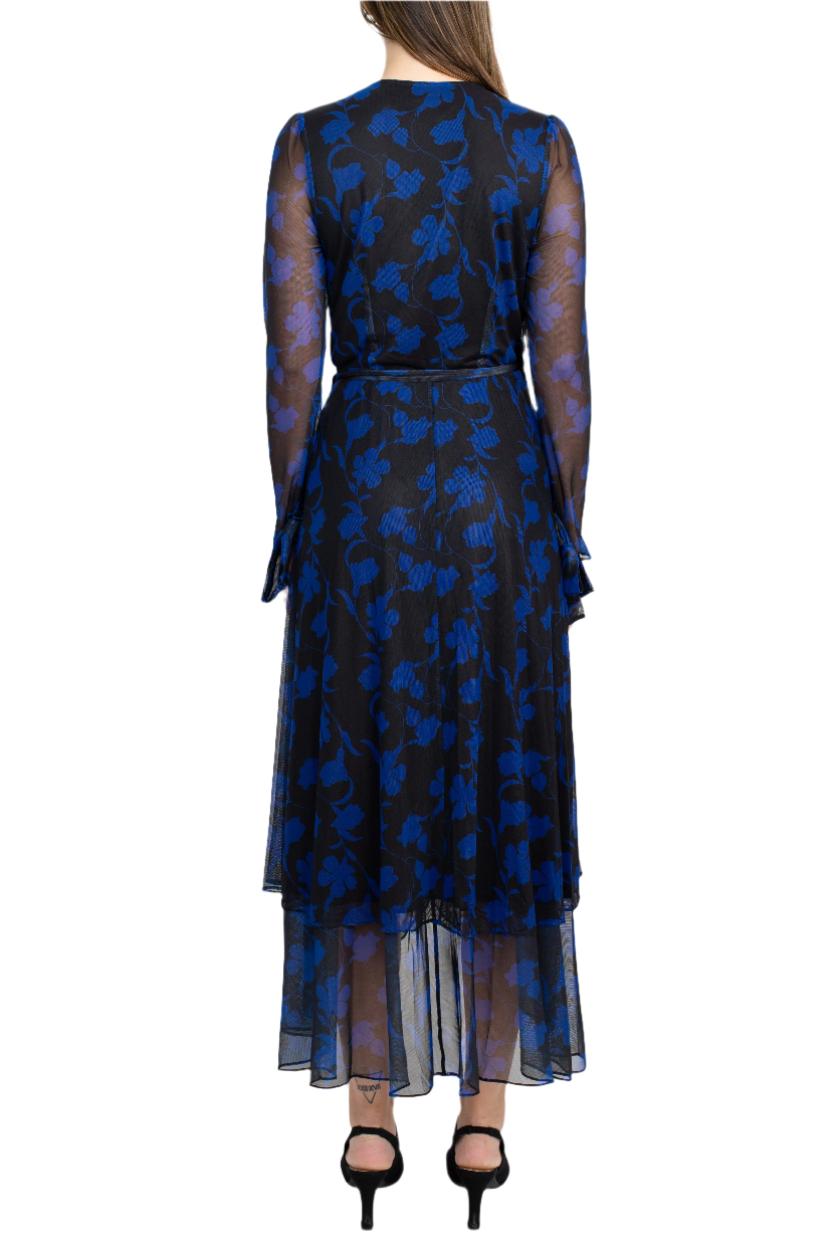 Laundry Surplice V-Neck Back Zipper Midi Draped Mesh Dress