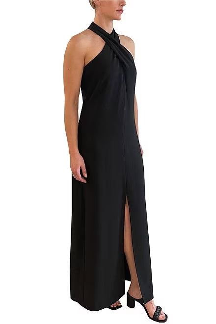Julia Jordan Crisscross Halter Neck Sleeveless Front Slit Open Back Crepe Dress-1