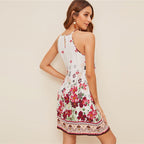 Floral Print Spaghetti Strap Boho Beach Straight Dress Women Summer Holiday Sleeveless Button Back Short Cami Dresses