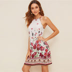 Floral Print Spaghetti Strap Boho Beach Straight Dress Women Summer Holiday Sleeveless Button Back Short Cami Dresses