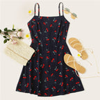 SHEIN Multicolor Weekend Casual Allover Cherry Print Natural Waist Short Spaghetti Strap Cami Dress Summer Women Going Out Dress-4