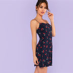 SHEIN Multicolor Weekend Casual Allover Cherry Print Natural Waist Short Spaghetti Strap Cami Dress Summer Women Going Out Dress-1