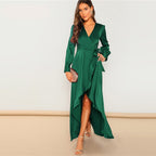 Green Solid Surplice Wrap Knot High Waist Belted Maxi Plain V Neck Dress Women Casual Summer Modern Lady Elegant Dress-2