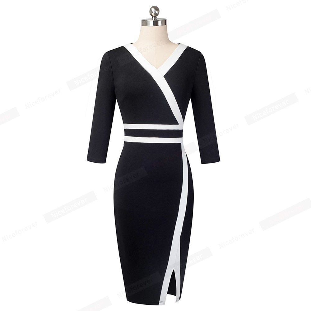 Vintage Black and White Patchwork Office Work vestidos Business Party Bodycon Elegant Women Autumn Dress-4