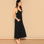 Pocket Patched Swing Cami Summer Dress Women Clothes Solid Casual Sleeveless Straight Maxi Dress Ladies Black Dress-1
