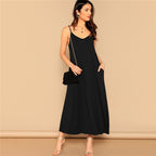 Pocket Patched Swing Cami Summer Dress Women Clothes Solid Casual Sleeveless Straight Maxi Dress Ladies Black Dress-3