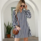 Notched Collar Striped Casual Shirt Dress Women  Spring High Street Long Sleeve Basic Ladies Short Tunic Dresses-1