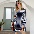 Notched Collar Striped Casual Shirt Dress Women  Spring High Street Long Sleeve Basic Ladies Short Tunic Dresses-0