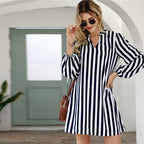 Notched Collar Striped Casual Shirt Dress Women  Spring High Street Long Sleeve Basic Ladies Short Tunic Dresses-4