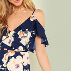 Multicolor Vacation Backless Boho Bohemian Beach Flounce Cold Shoulder Floral Print Dress Summer Women Casual Dress-2