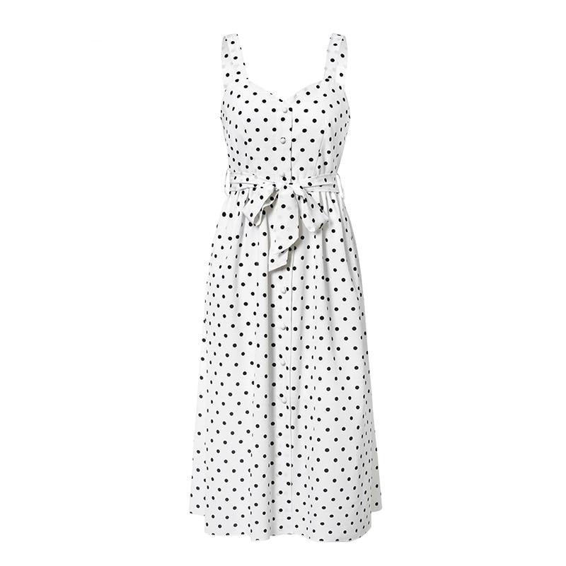 Simplee Polka dot women dress Sleeveless buttons belt bodycon beach midi dress Streetwear casual beach wear holiday summer dress-0