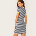 Pocket Patched Striped Ringer Tshirt Casual Dress Women Short Sleeve Preppy Round Neck Summer Dress Slim Bodycon Dresses-0