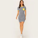 Pocket Patched Striped Ringer Tshirt Casual Dress Women Short Sleeve Preppy Round Neck Summer Dress Slim Bodycon Dresses-1