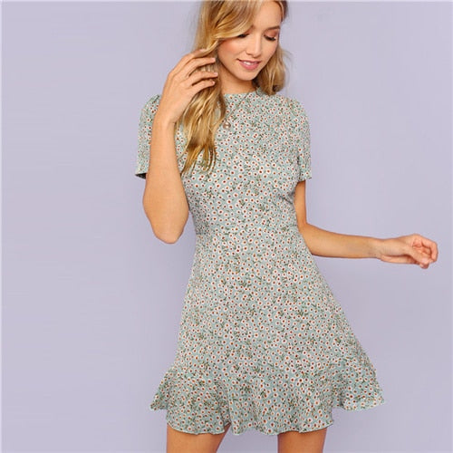 Multicolor Allover Floral Print Ruffle Hem Textured Dress Elegant Casual Fit and Flare Dresses Women A Line Summer Dress-0