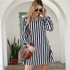 Notched Collar Striped Casual Shirt Dress Women  Spring High Street Long Sleeve Basic Ladies Short Tunic Dresses-3