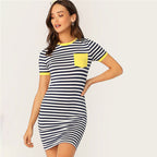 Pocket Patched Striped Ringer Tshirt Casual Dress Women Short Sleeve Preppy Round Neck Summer Dress Slim Bodycon Dresses-5