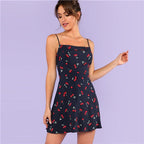 SHEIN Multicolor Weekend Casual Allover Cherry Print Natural Waist Short Spaghetti Strap Cami Dress Summer Women Going Out Dress-5
