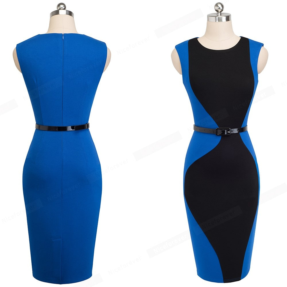 Patchwork Round Neck Sleeveless Work vestidos Business Sheath Bodycon Women Office Dress-3