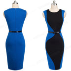 Patchwork Round Neck Sleeveless Work vestidos Business Sheath Bodycon Women Office Dress-3