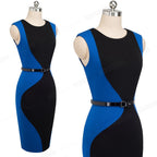 Patchwork Round Neck Sleeveless Work vestidos Business Sheath Bodycon Women Office Dress-4