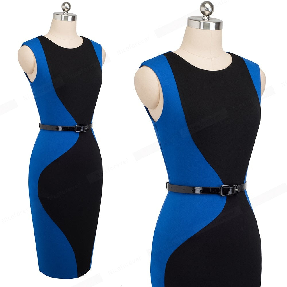 Patchwork Round Neck Sleeveless Work vestidos Business Sheath Bodycon Women Office Dress-4