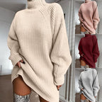Turtleneck Long Sleeve Sweater Dress Women Autumn Winter Loose Tunic Knitted Casual Pink Gray Clothes Solid Dresses-0