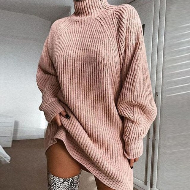Turtleneck Long Sleeve Sweater Dress Women Autumn Winter Loose Tunic Knitted Casual Pink Gray Clothes Solid Dresses-1