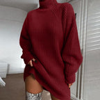 Turtleneck Long Sleeve Sweater Dress Women Autumn Winter Loose Tunic Knitted Casual Pink Gray Clothes Solid Dresses-3