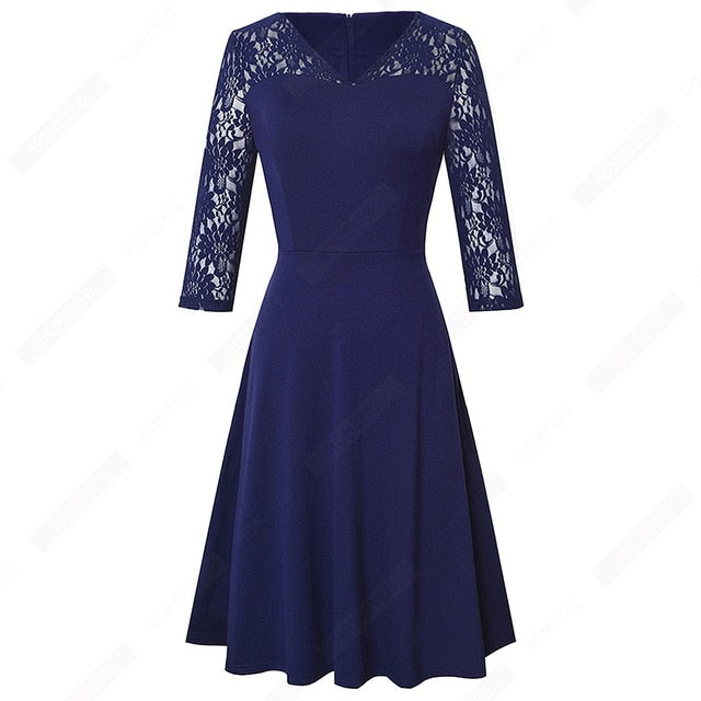 Women Sexy Chic Lace Patchwork Elegant Dress Casual Swing Party Retro Dress-2