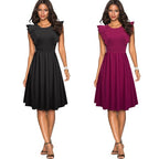 Women Retro Charming A-line Party Dress Elegant Casual Butterfly Sleeve Round Neck Swing Dress-4