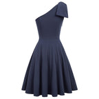 Sexy Women Bow-Knot dress Asymmetric One Shoulder Flared A-Line Dress elegant pure color knee length evening party dresses lady-2