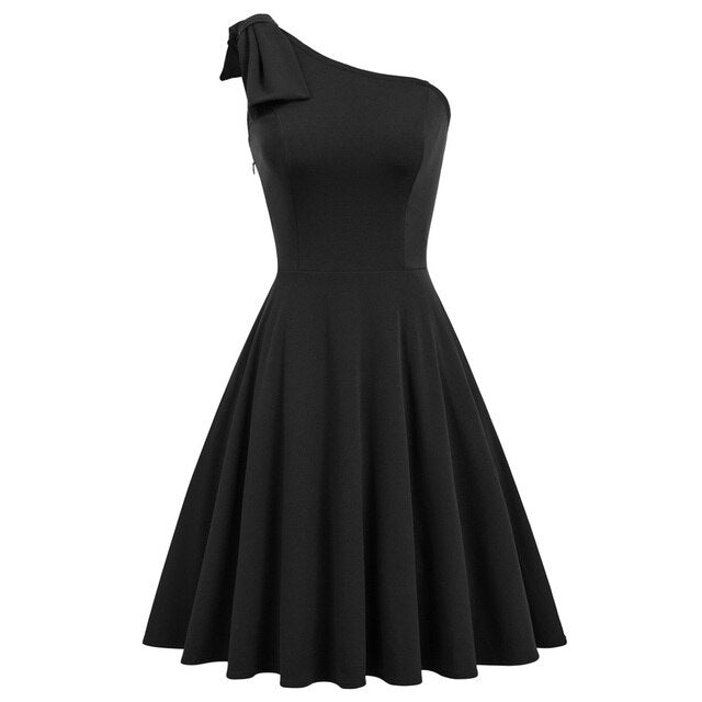 Sexy Women Bow-Knot dress Asymmetric One Shoulder Flared A-Line Dress elegant pure color knee length evening party dresses lady-4