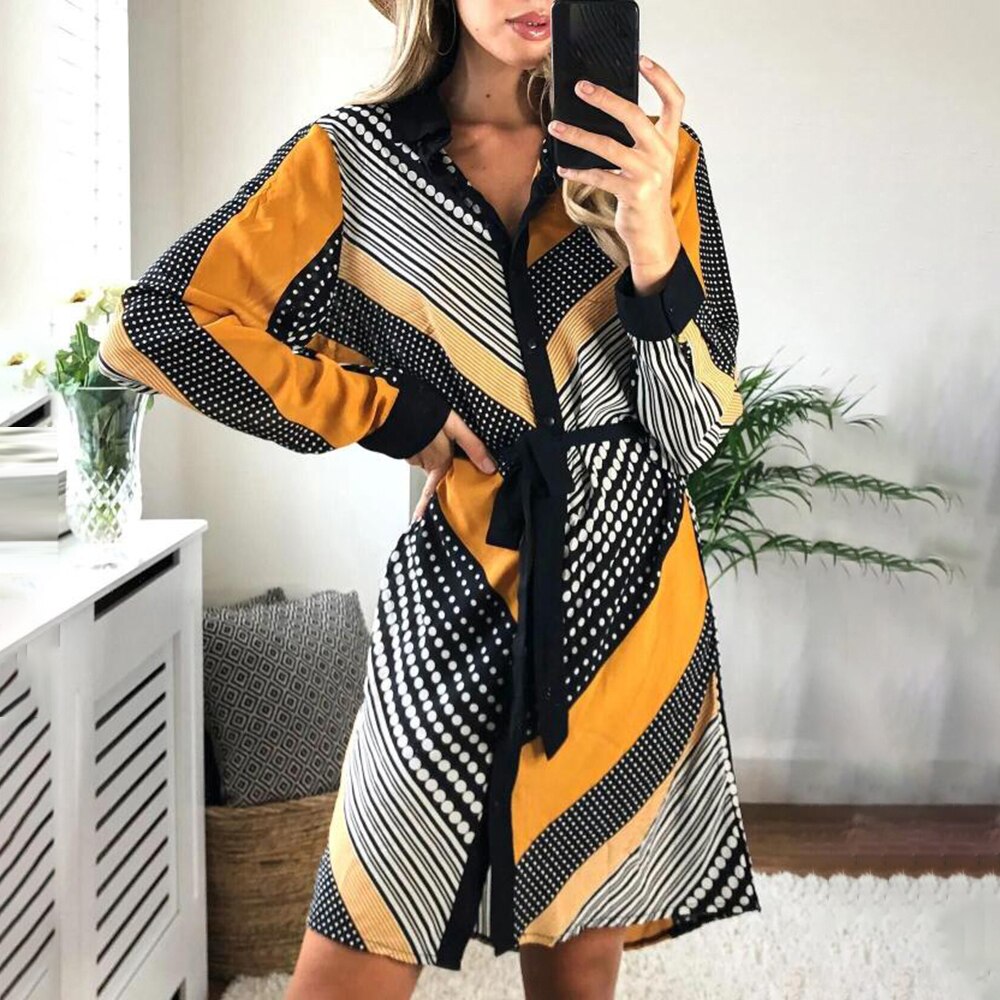Loose Dress A-line Business Womens Casual Lapel Button Down Shirt Dress-2