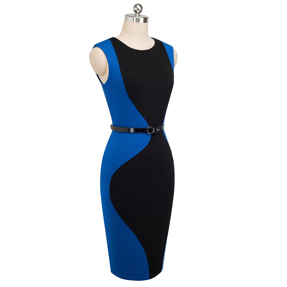 Patchwork Round Neck Sleeveless Work vestidos Business Sheath Bodycon Women Office Dress-1
