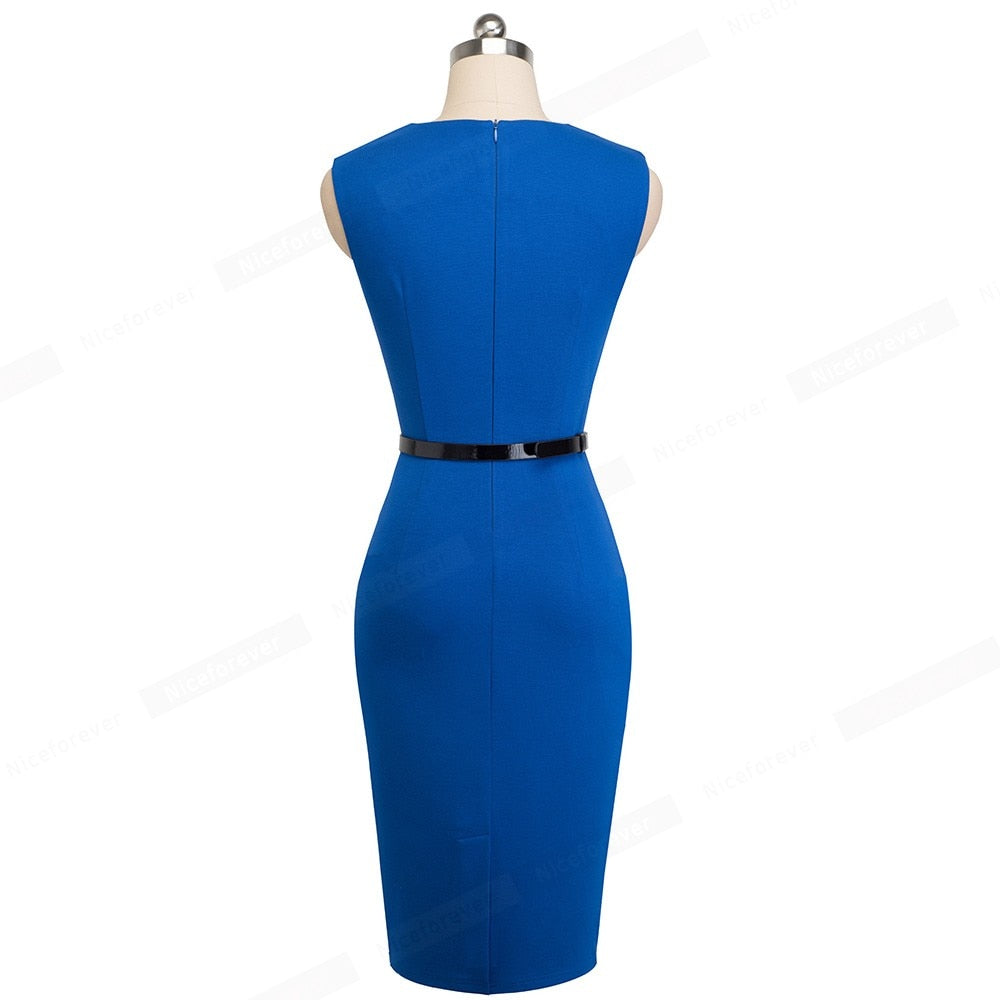 Patchwork Round Neck Sleeveless Work vestidos Business Sheath Bodycon Women Office Dress-2