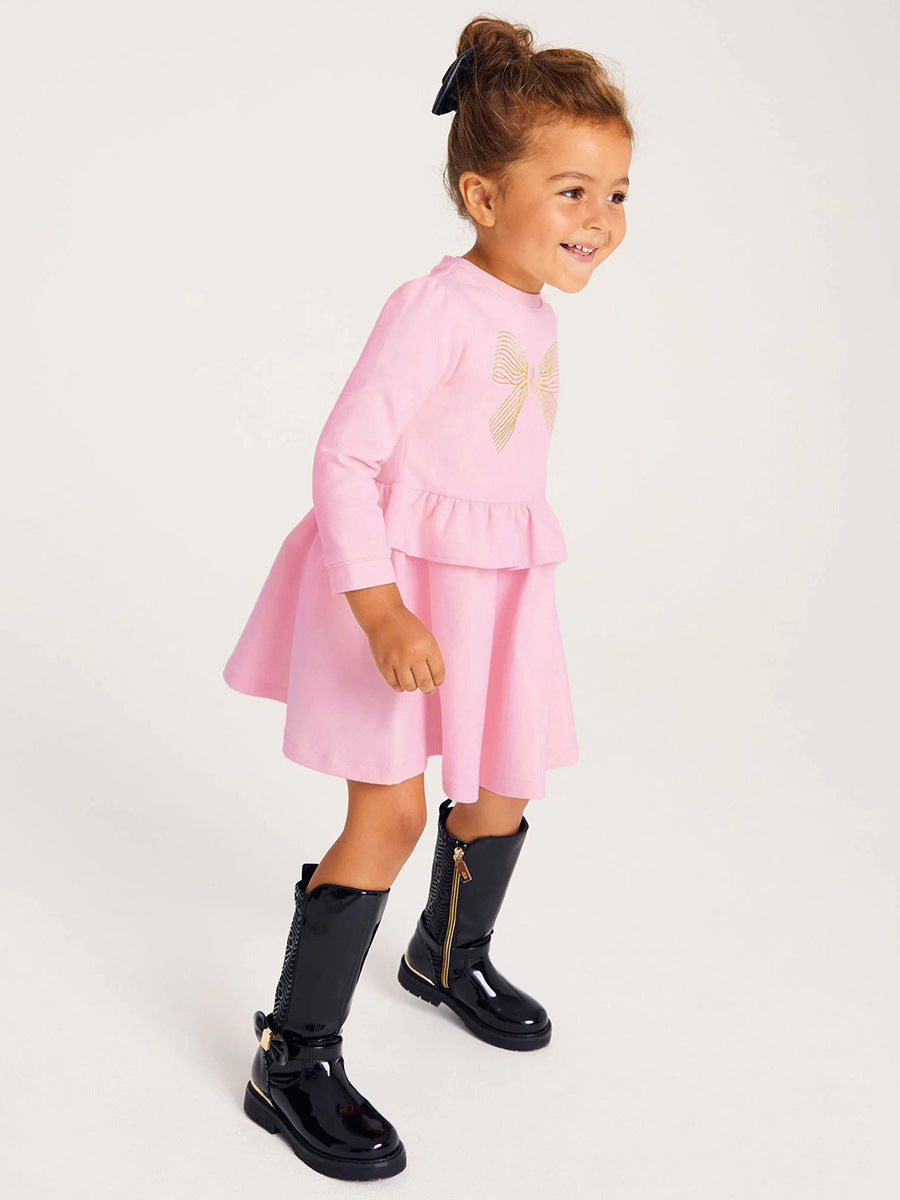 Best Selling Cheap Autumn Girls Bows Pattern Crew Neck Long Sleeves Casual Pink Dress-2