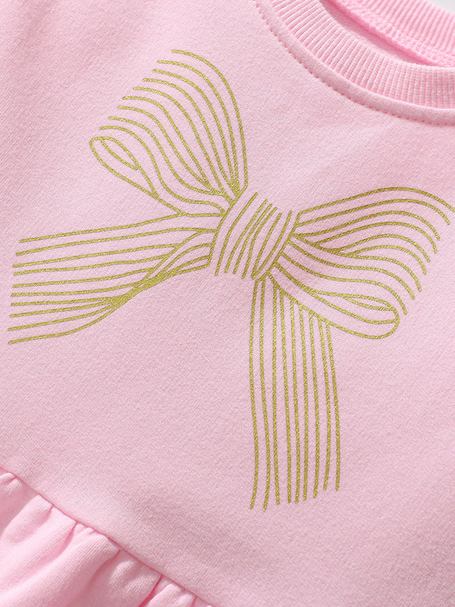 Best Selling Cheap Autumn Girls Bows Pattern Crew Neck Long Sleeves Casual Pink Dress-3