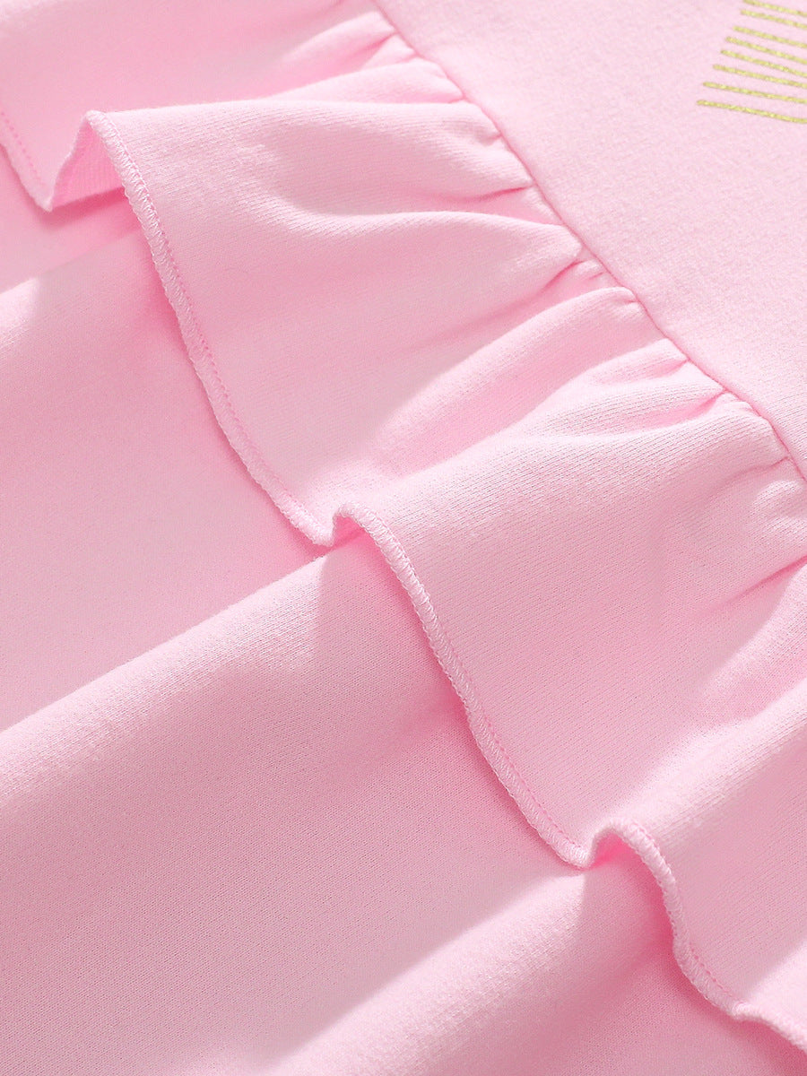 Best Selling Cheap Autumn Girls Bows Pattern Crew Neck Long Sleeves Casual Pink Dress-4