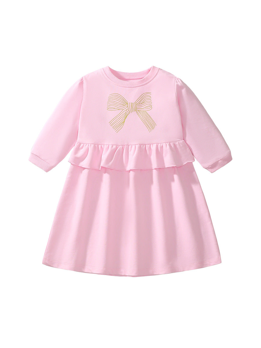 Best Selling Cheap Autumn Girls Bows Pattern Crew Neck Long Sleeves Casual Pink Dress-0